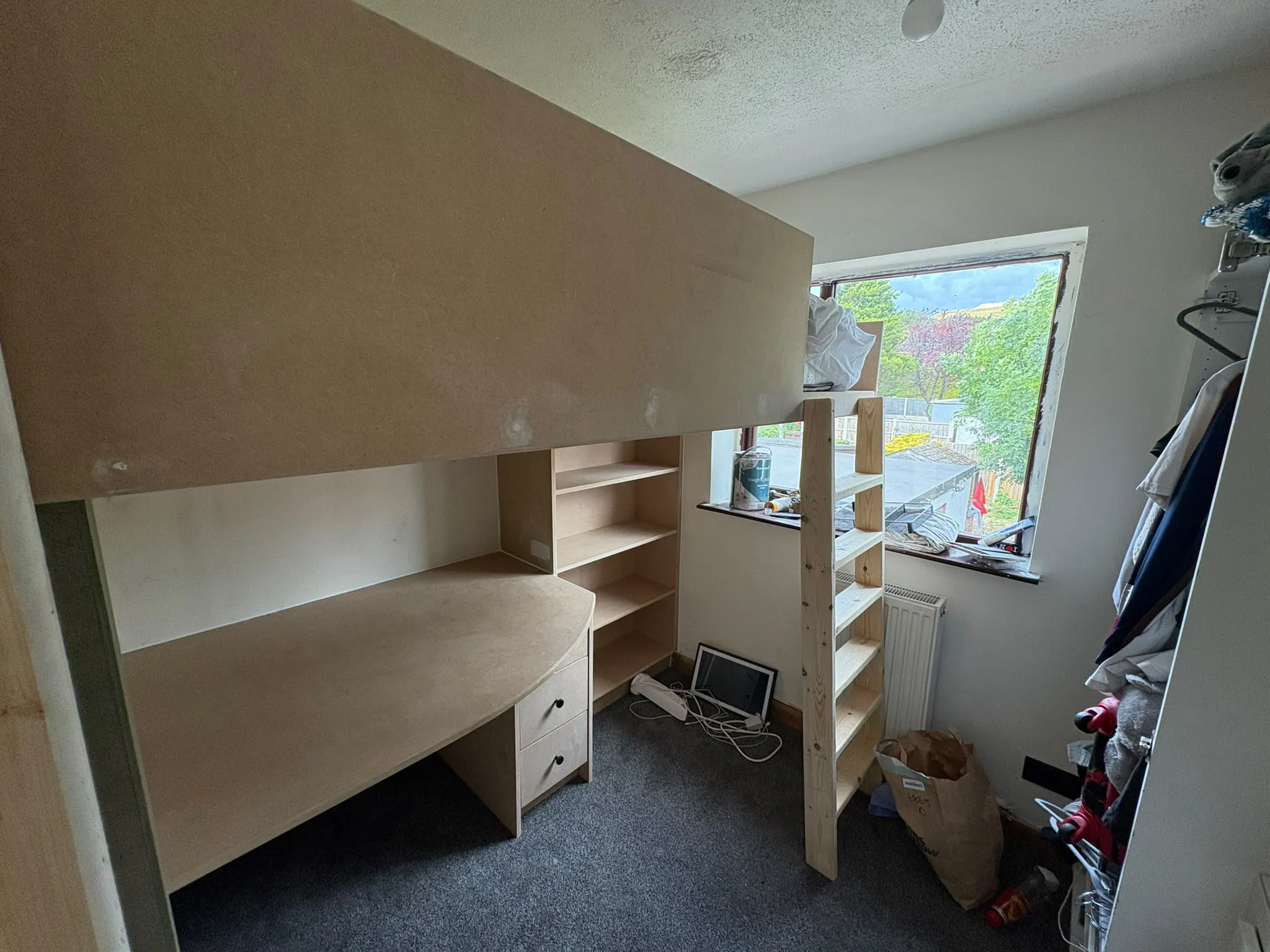 Bespoke plywood bunk bed with built-in desk and shelving by LDG Joinery LTD, Bolton